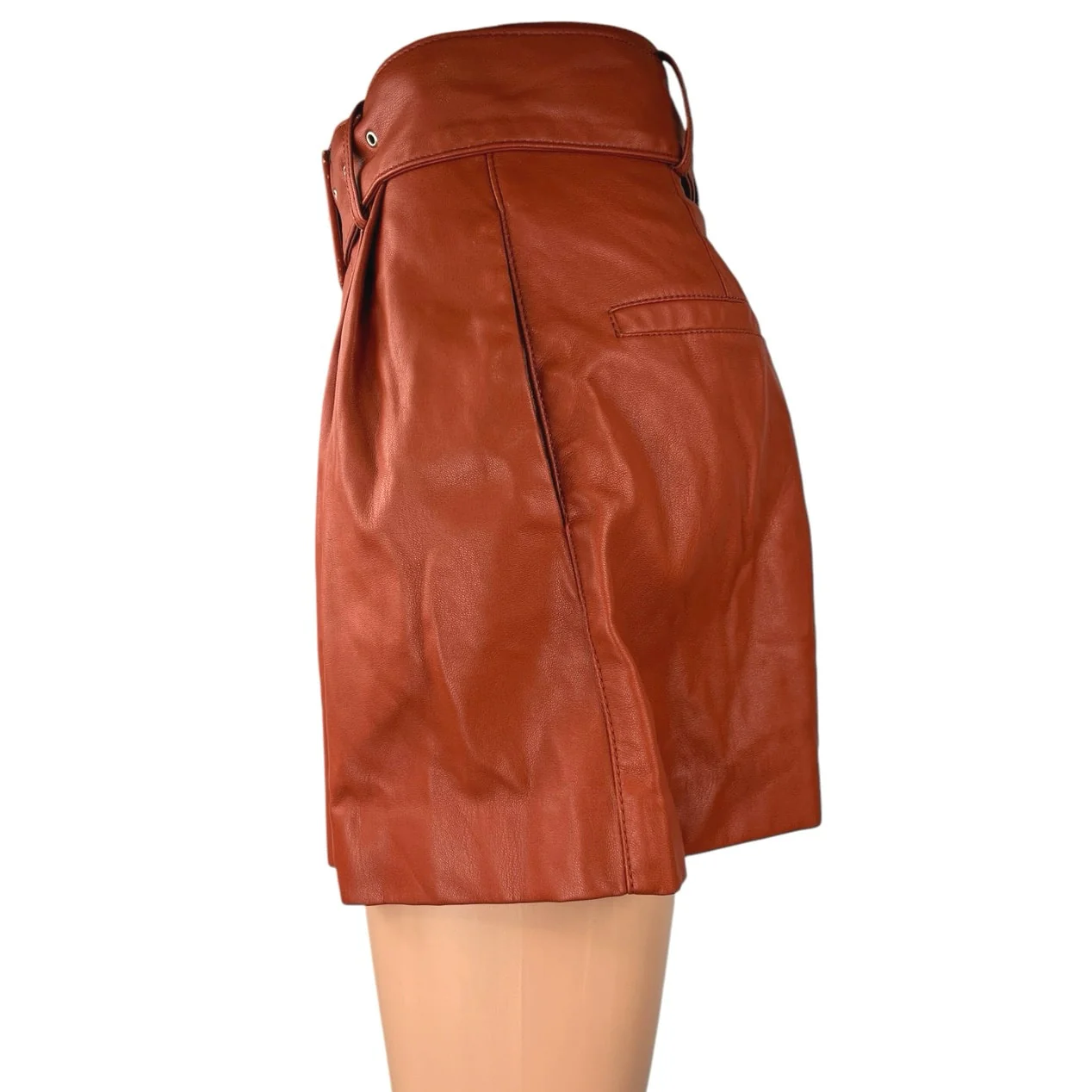 Trafaluc by Zara Brown Faux Leather Vegan Belted High Waisted Shorts Size S - Image 2