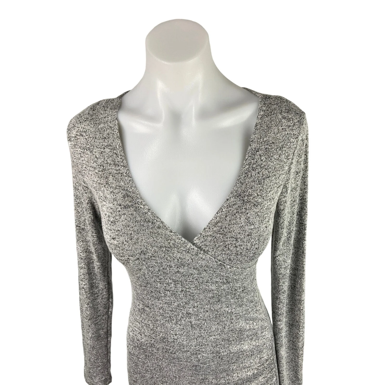 Trendyland Heather Gray Knit Deep V Neck Long Sleeve Bodycon Midi Dress Size XS - Image 2
