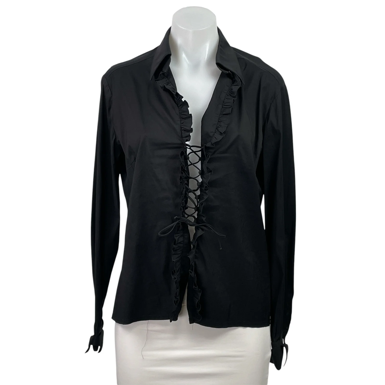 Trina Turk Women's Black Lace Up Ruffle Long Sleeve Collared Shirt Blouse Top L