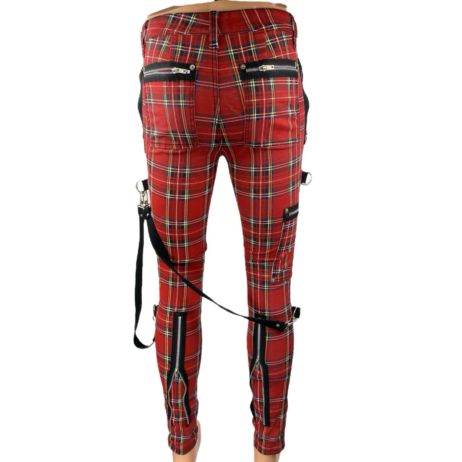 Tripp NYC Chaos Bondage Red Plaid Zipper Straps Skinny Trousers Pants Size 26 - Image 3