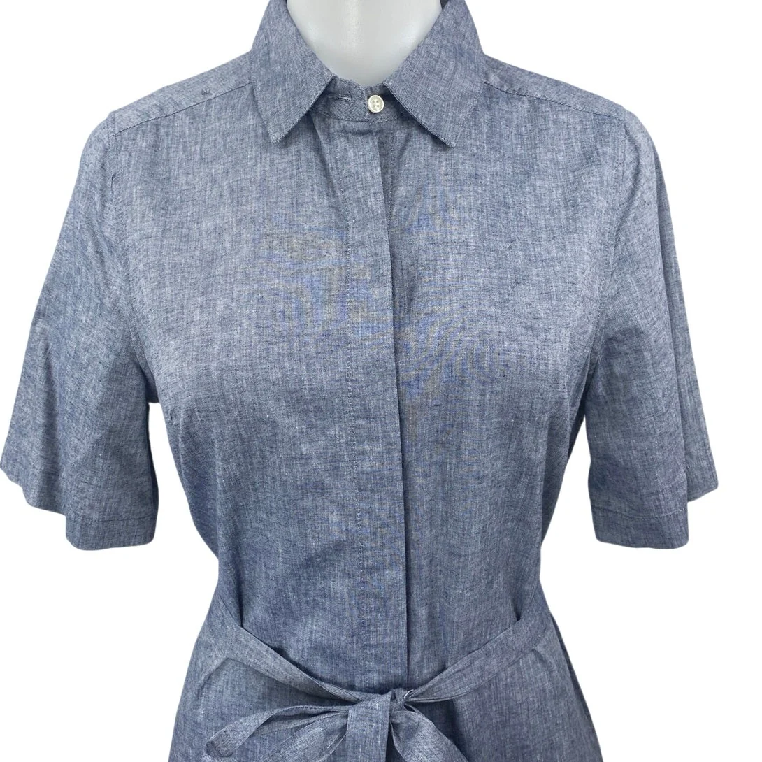 TROVATA Birds of Paradis Blue Linen Short Sleeve Belted Button Up Shirt Dress XS - Image 3
