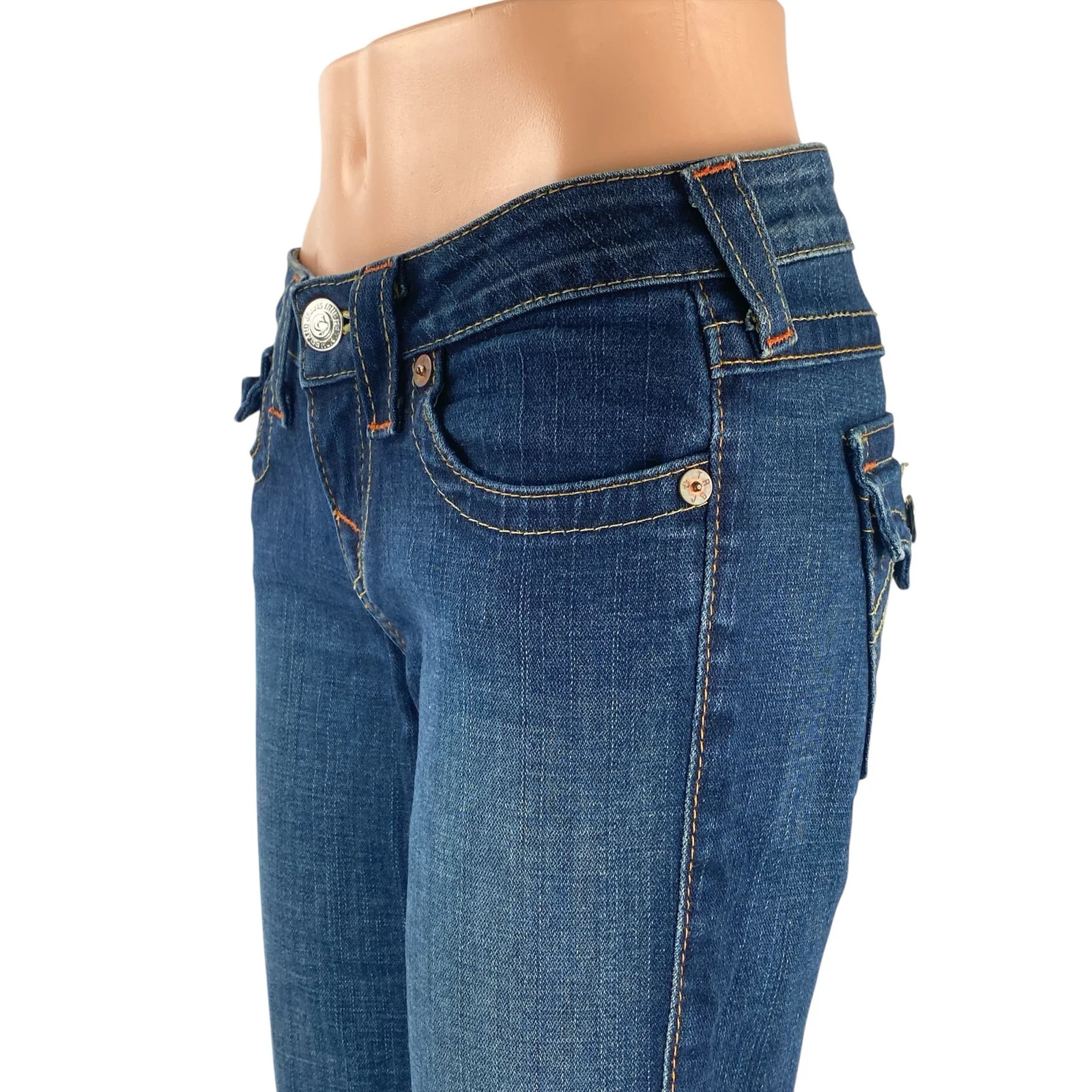 True Religion Women's Blue Low Rise Dark Wash Flared Bootcut Denim Jeans Sz 26 - Image 2
