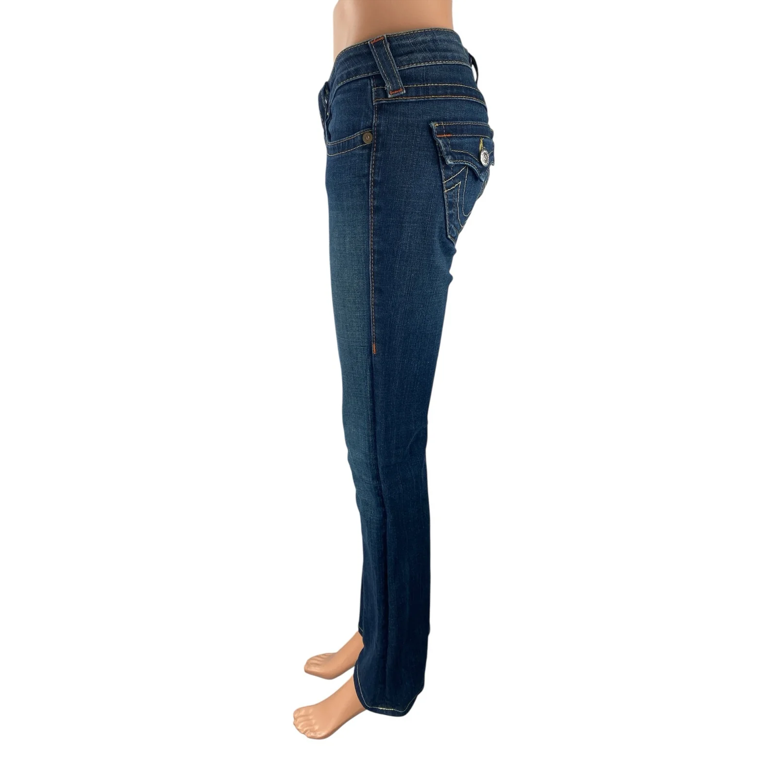 True Religion Women's Blue Low Rise Dark Wash Flared Bootcut Denim Jeans Sz 26 - Image 3