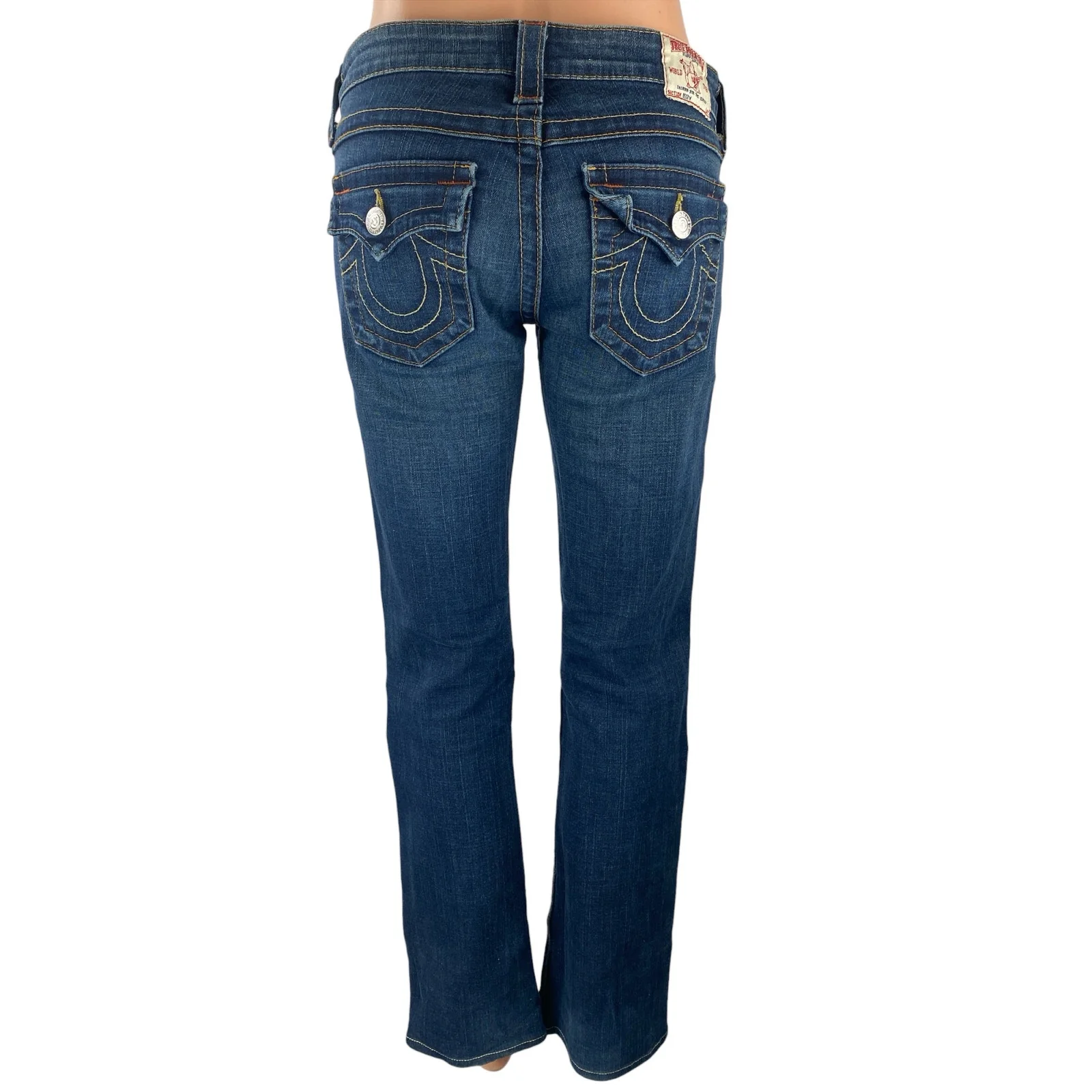 True Religion Women's Blue Low Rise Dark Wash Flared Bootcut Denim Jeans Sz 26 - Image 4