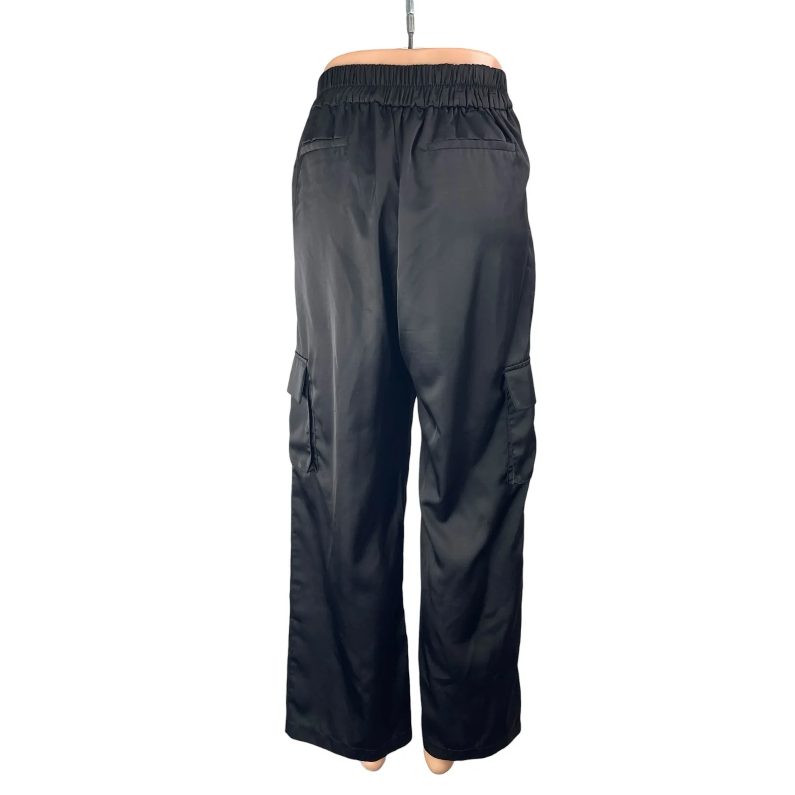 Tulléa Black Satin High Rise Baggy Wide Leg Utility Cargo Trouser Pants Size S - Image 2