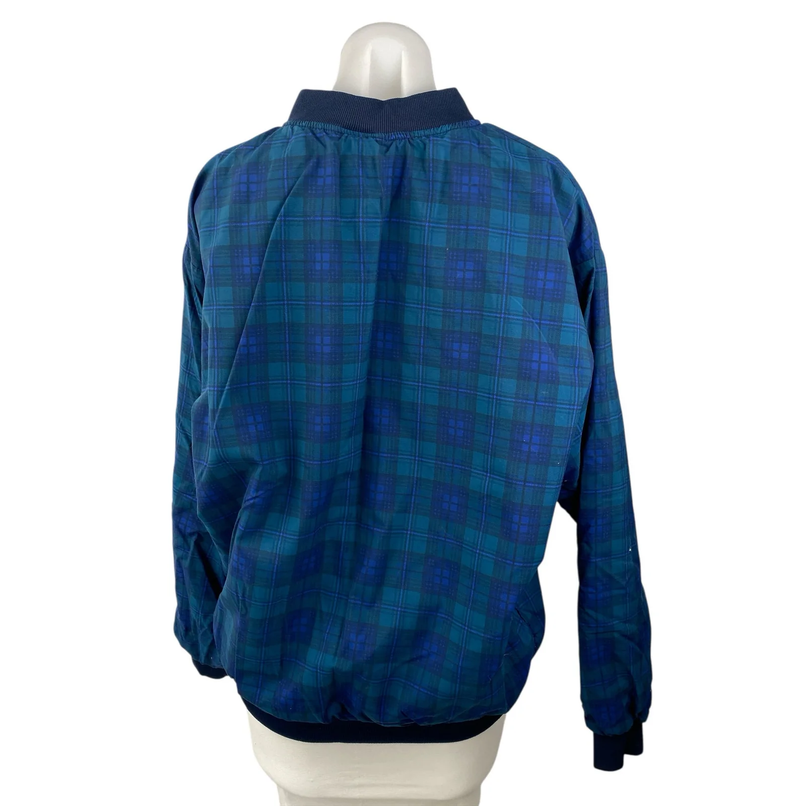 Turfer Women's Blue Plaid Check Long Sleeve Windbreaker Bomber Coat Jacket Sz M - Image 2