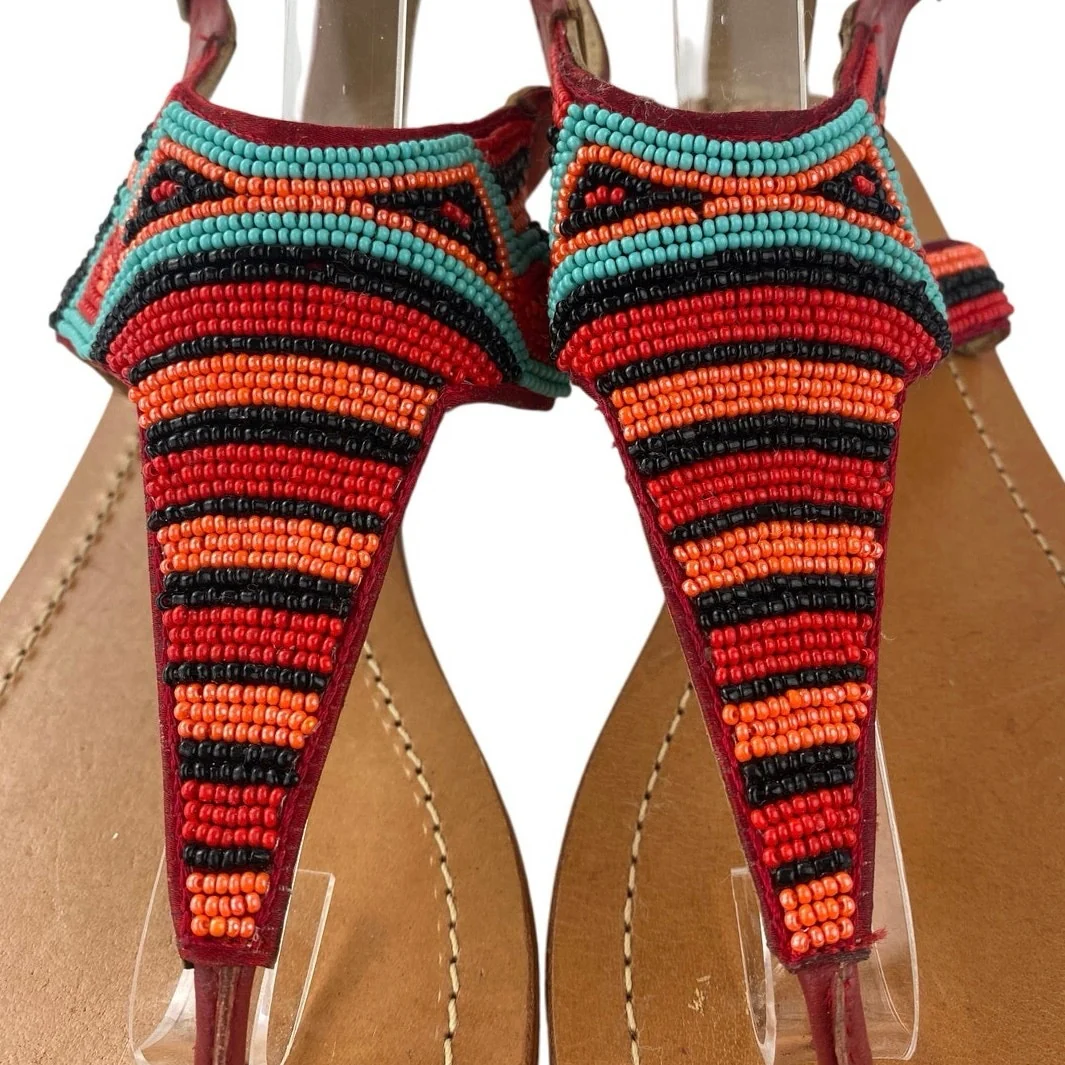 Twist Multicolor Striped  Beaded T-Strap Slingback Buckle Flats Sandals Size 8.5 - Image 3