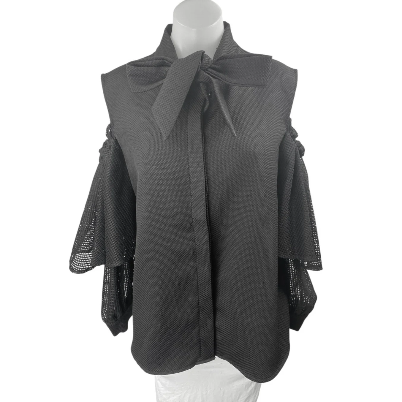 Twist Turn Women's Black Bow Tie Cold Shoulder Button Down Blouse Shirt Top M/L