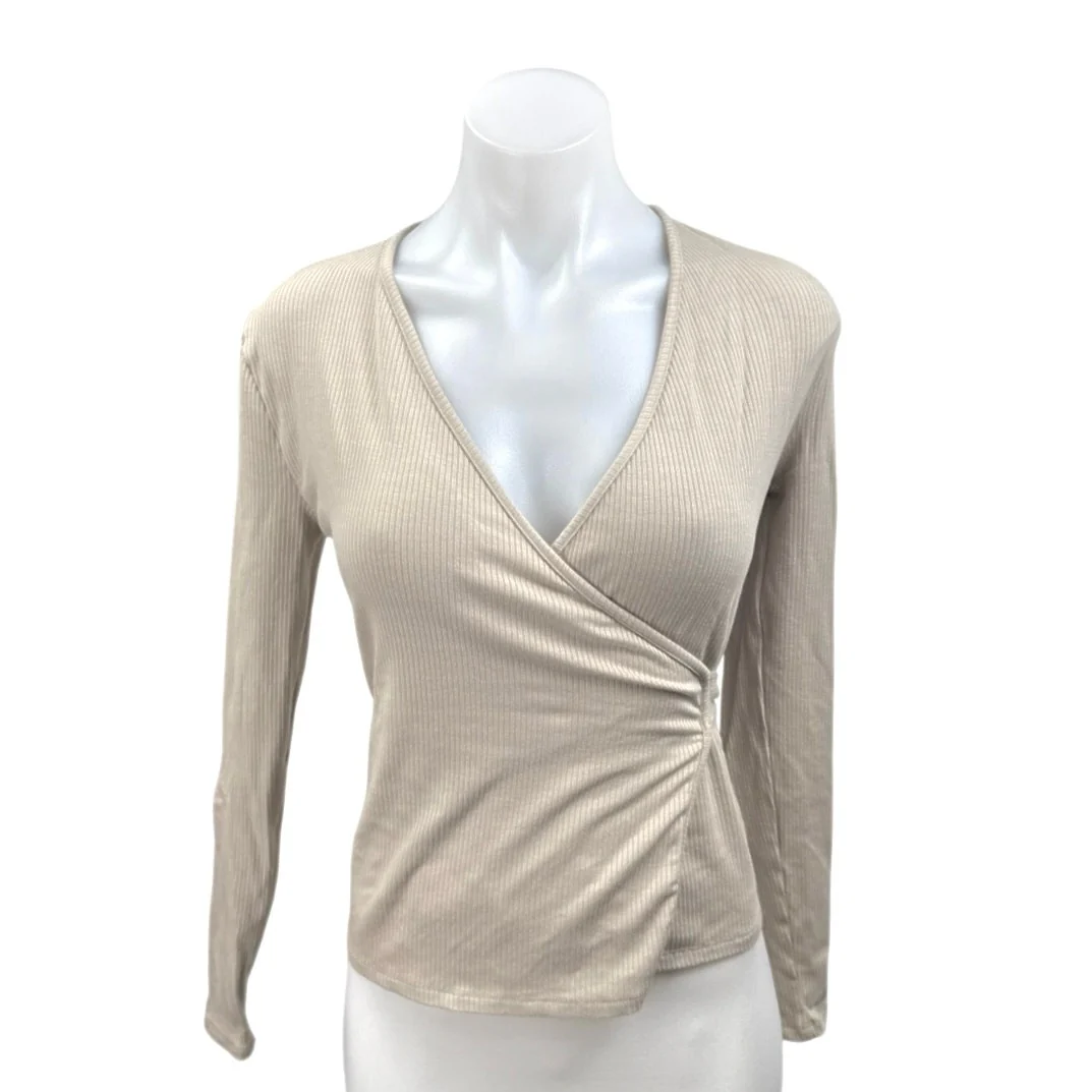 Udel NY Women's Beige Ribbed V-Neck Tie Waist Long Sleeve Wrap Blouse Top Sz XS