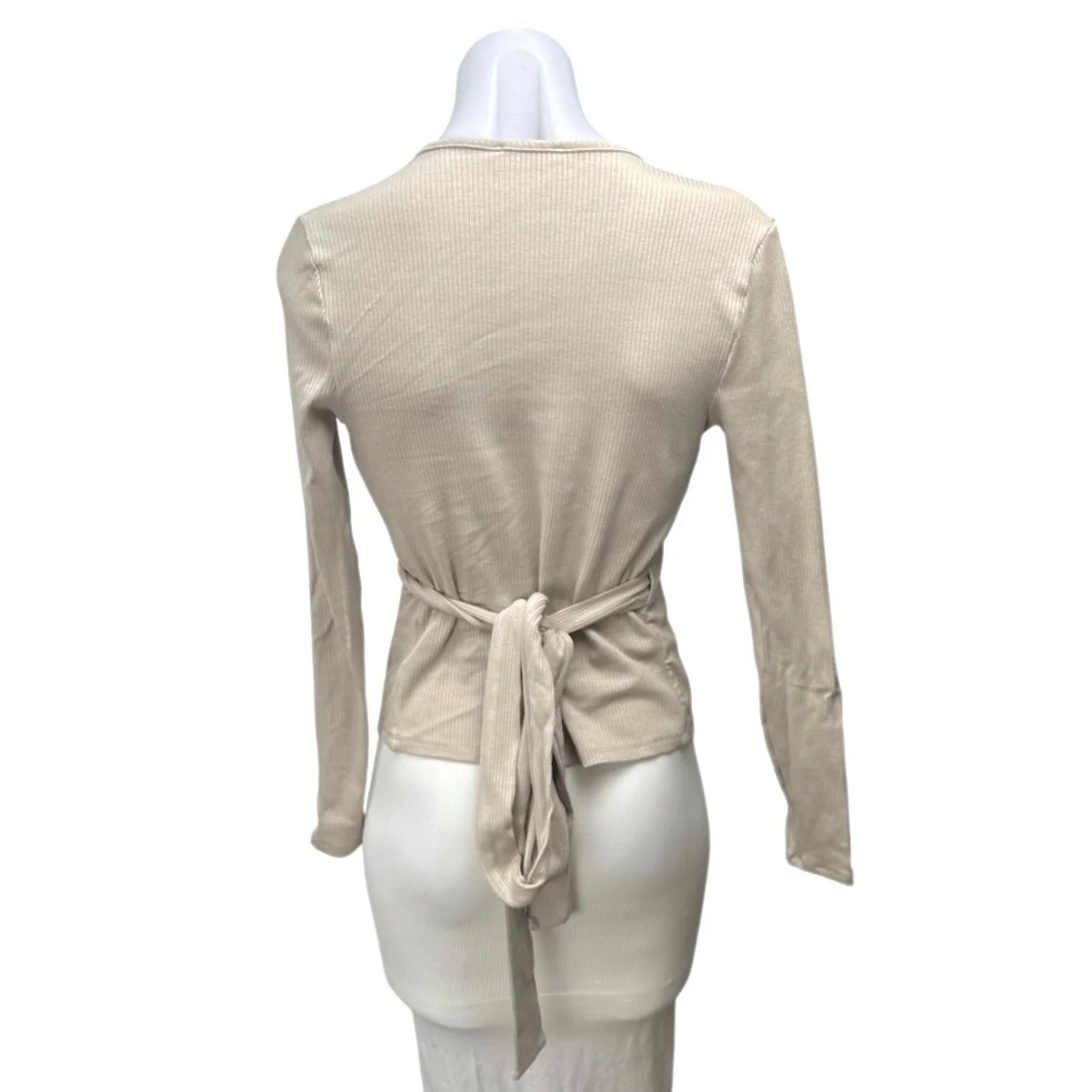 Udel NY Women's Beige Ribbed V-Neck Tie Waist Long Sleeve Wrap Blouse Top Sz XS - Image 2