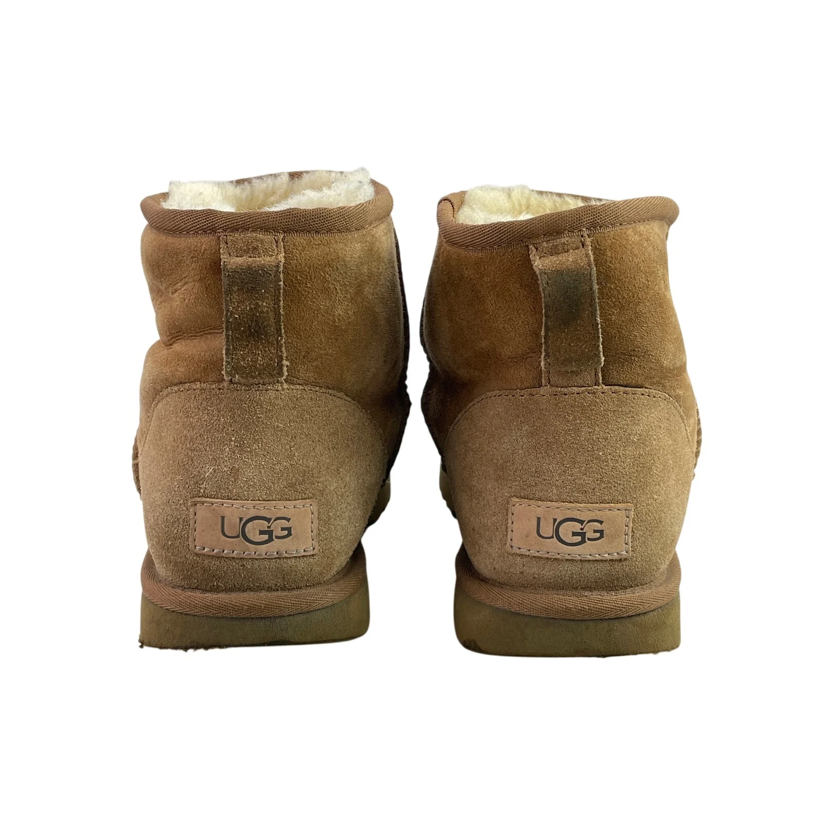 UGG Classic Ultra Mini Brown Suede Round Toe Faux Fur Pull Tab Ankle Boots Sz 11 - Image 3