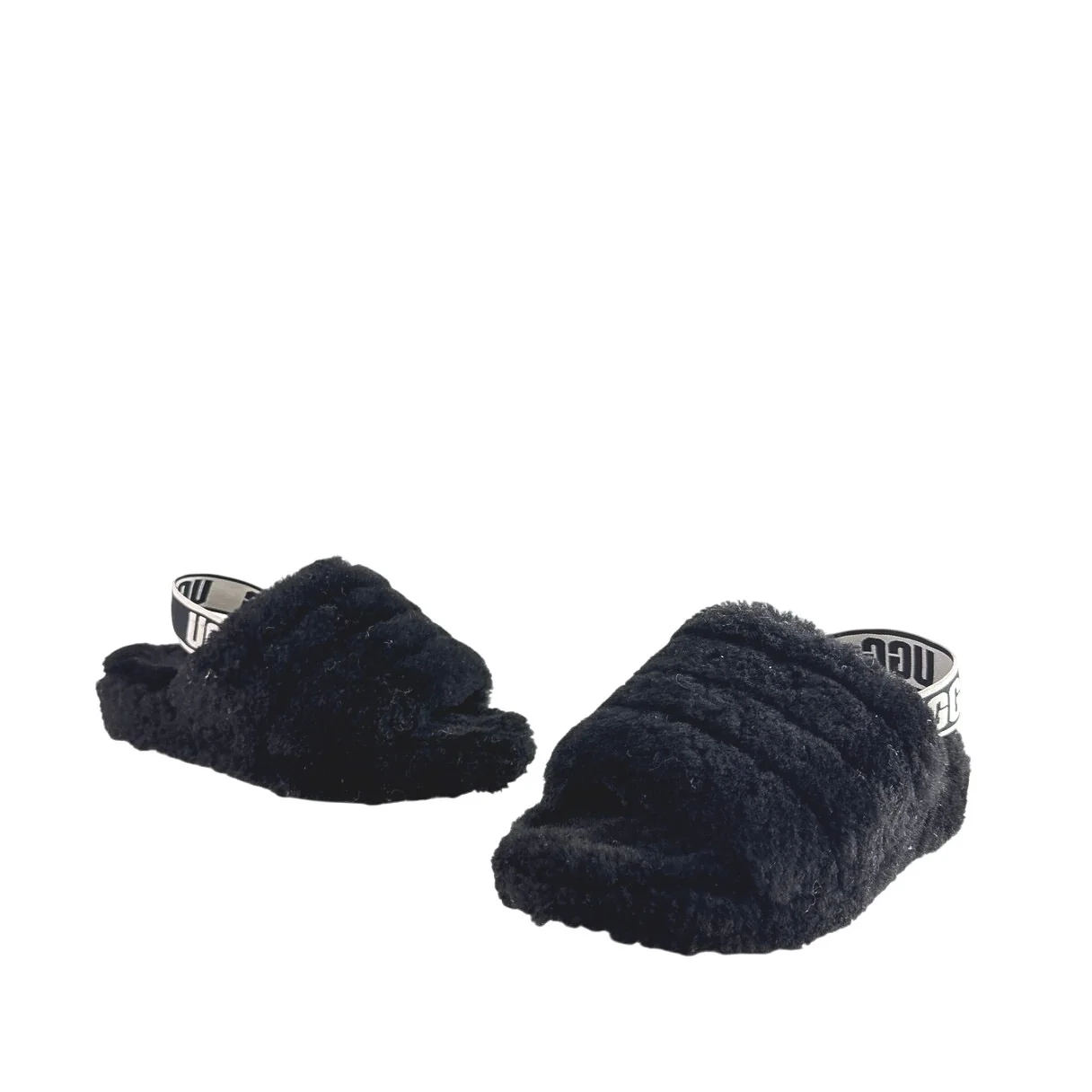 UGG Fluff Yeah Black Faux Fur Strap Logo Slingback Slippers Slides Sandals Sz 6 - Image 5