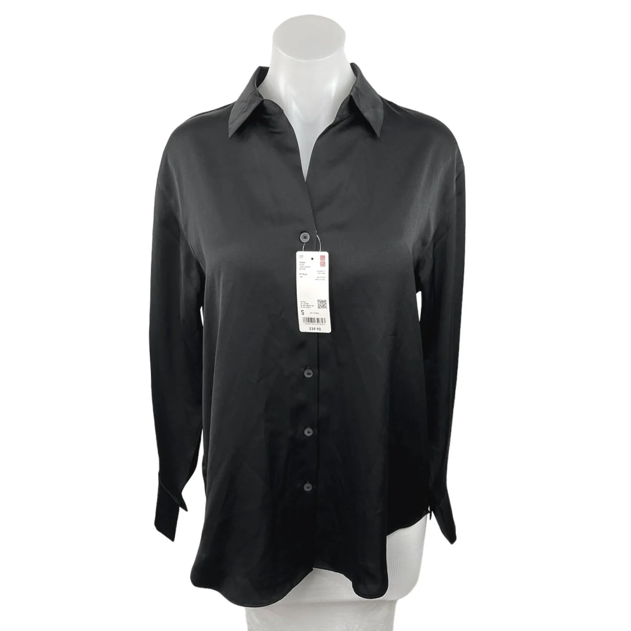 Uniqlo Glossy Satin Silky Collared Black Long Sleeve Button Front Blouse Top S