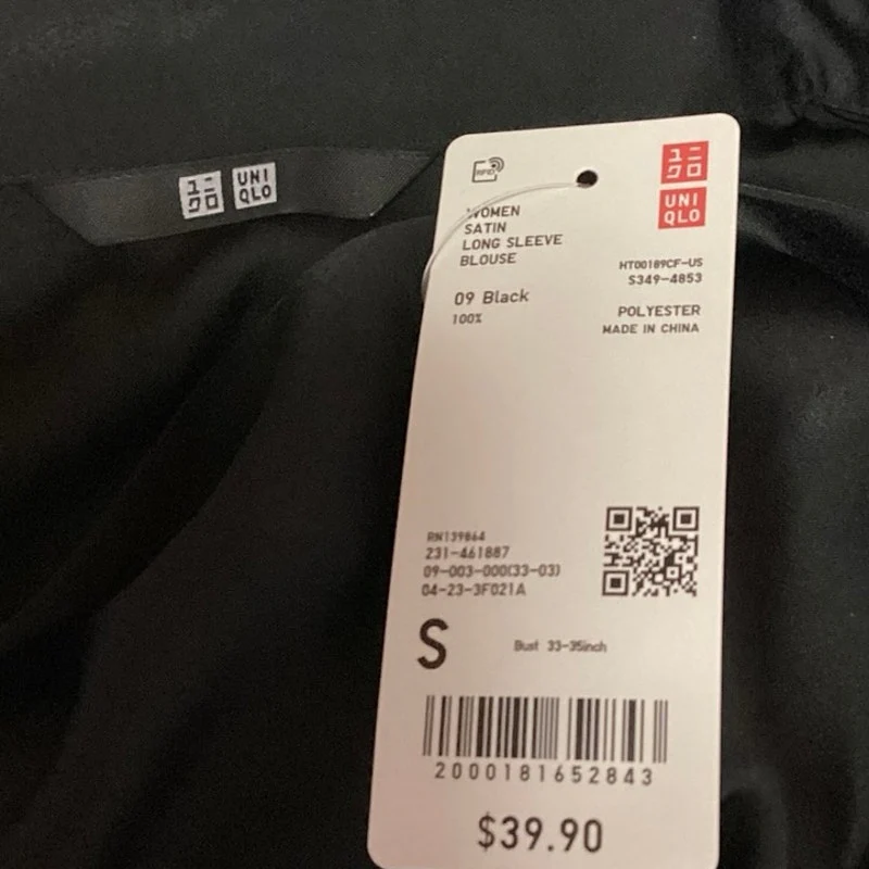 Uniqlo Glossy Satin Silky Collared Black Long Sleeve Button Front Blouse Top S - Image 3