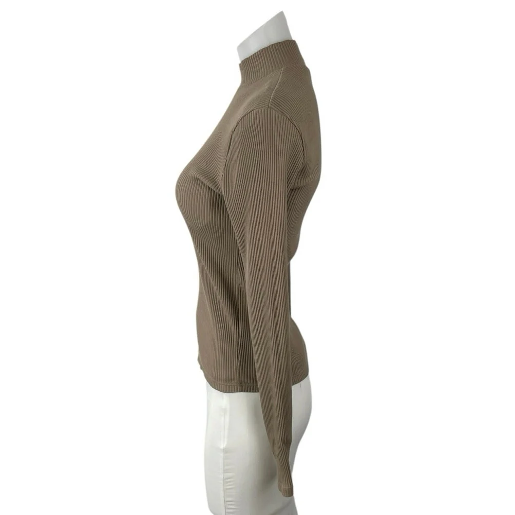 Uniqlo Women's Brown Ribbed Knit Mock Neck Long Sleeve Tee T-Shirt Blouse Top XS - Image 2