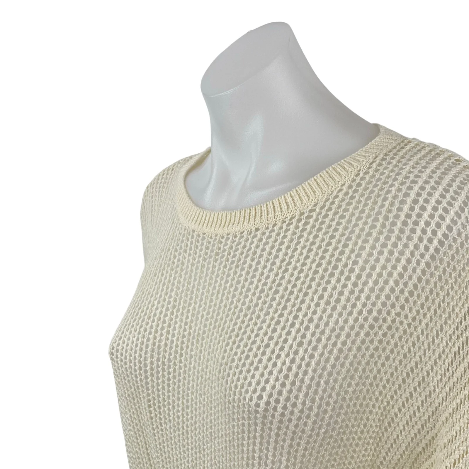 Uniqlo Women's Cream Linen Open Knit Crochet Crew Neck Long Sleeve Sweater Top M - Image 2