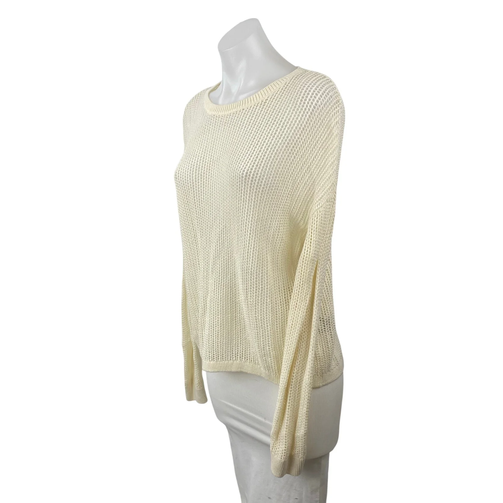 Uniqlo Women's Cream Linen Open Knit Crochet Crew Neck Long Sleeve Sweater Top M - Image 4
