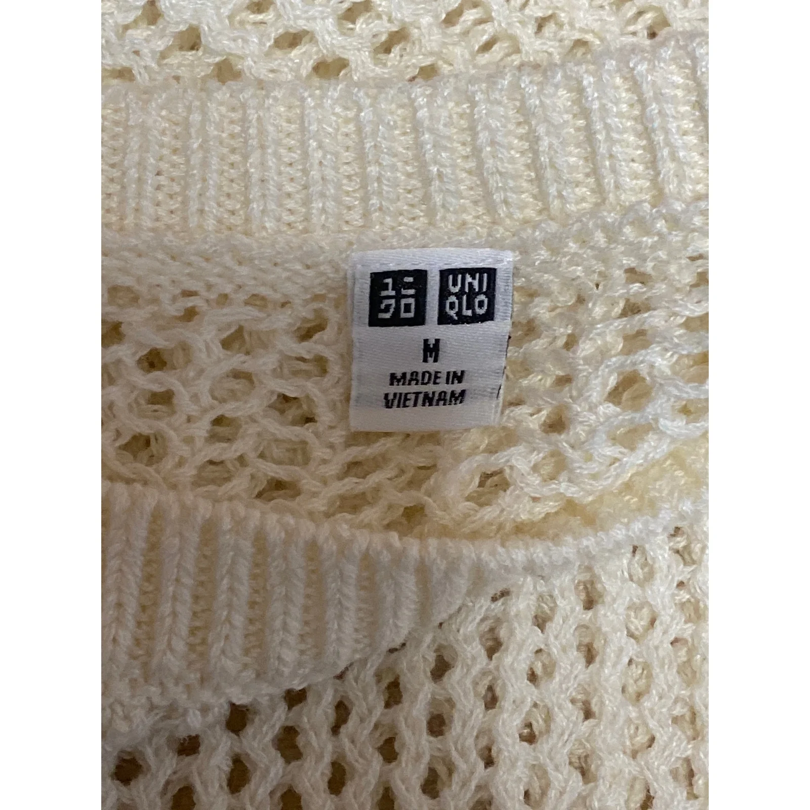 Uniqlo Women's Cream Linen Open Knit Crochet Crew Neck Long Sleeve Sweater Top M - Image 5