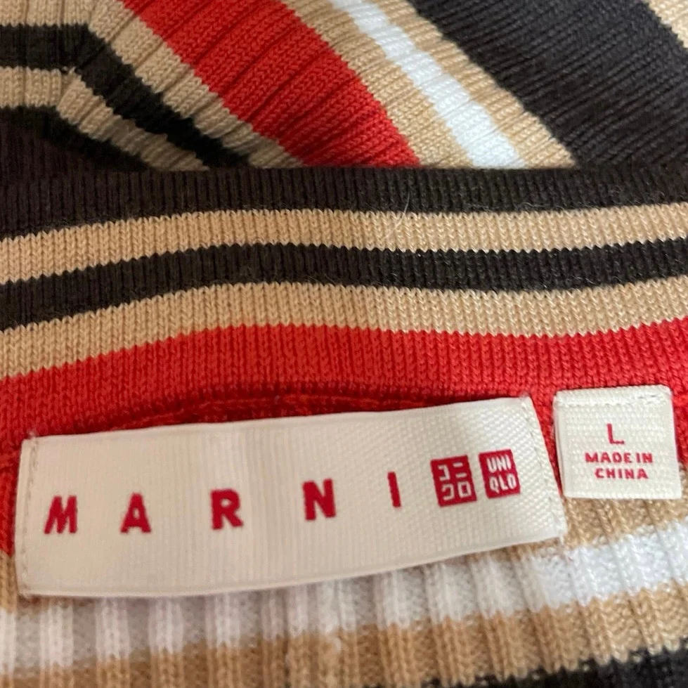 Uniqlo x Marini Red Striped Wool Ribbed Knit High Rise Semi Flare Pants Size L - Image 4