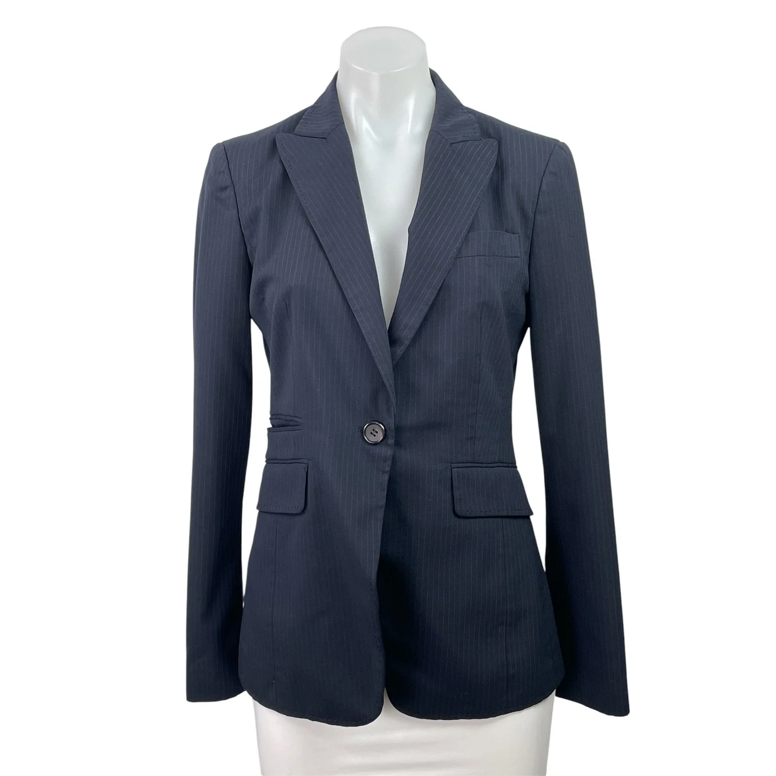 United Colors Of Benetton Black Pinstriped Peak Lapel Blazer Coat Jacket Size 10