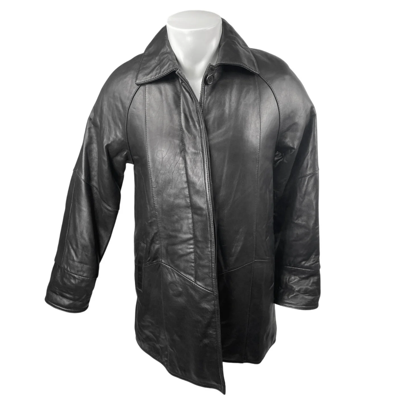 United Face 100% Leather Men's Black Button Front Long Sleeve Coat Jacket Size M