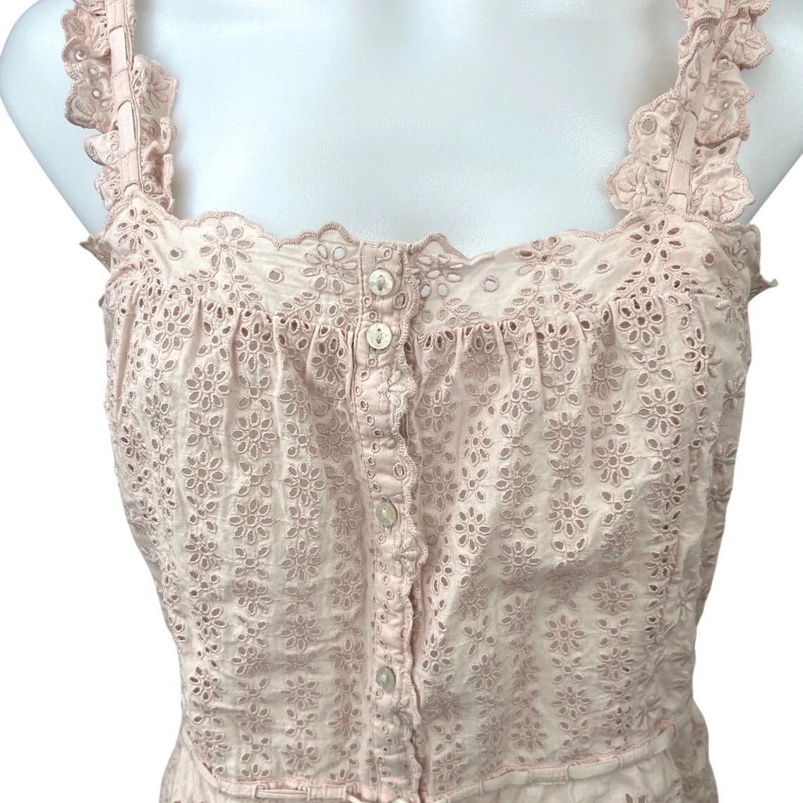 Unsubscribed Pink Eyelet Embroidered Sleeveless Ruffles Peplum Button Tank Top 4 - Image 3