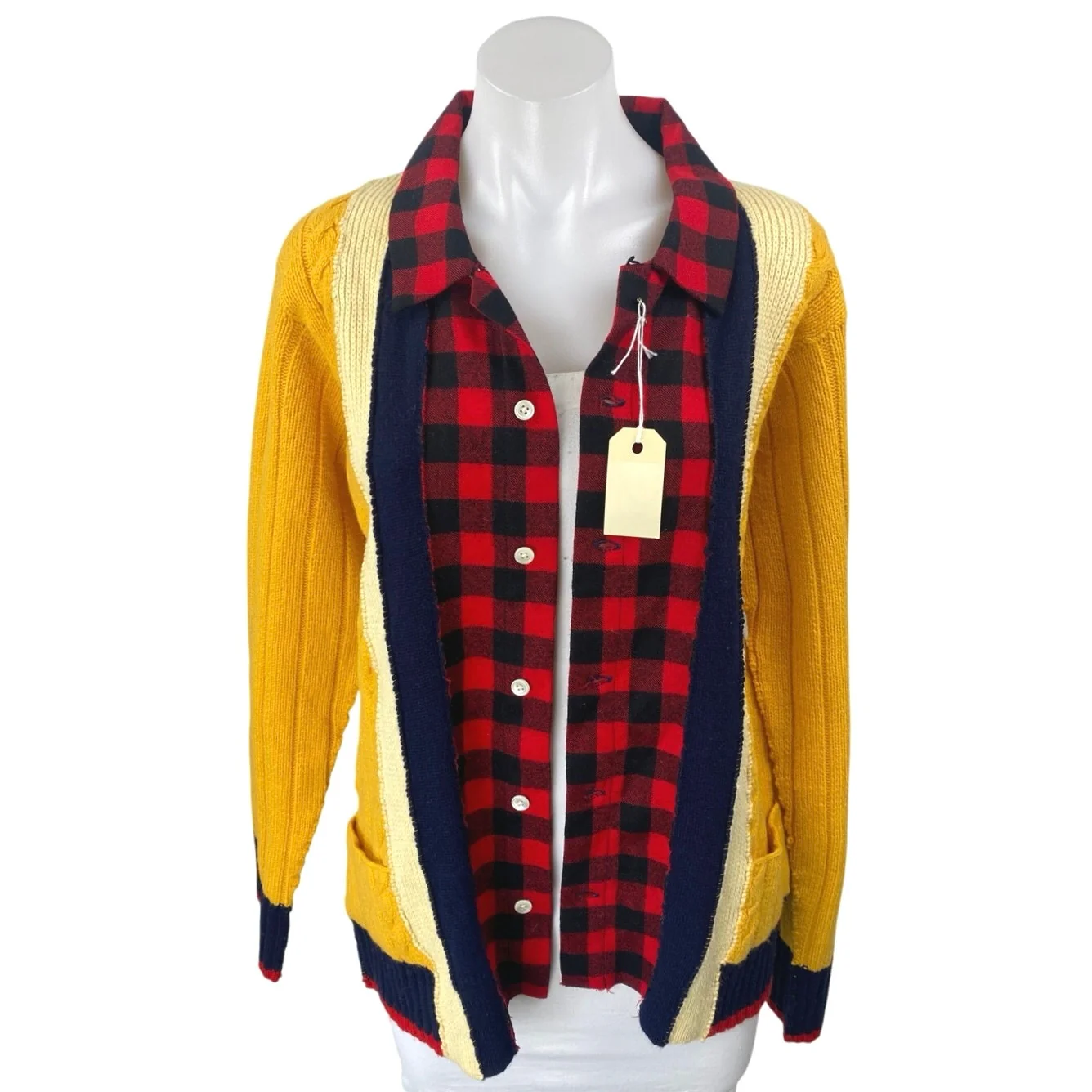 Upcycled Handmade Women's Yellow Red Plaid Flannel Shirt Cardigan Sweater Top OS - Image 2