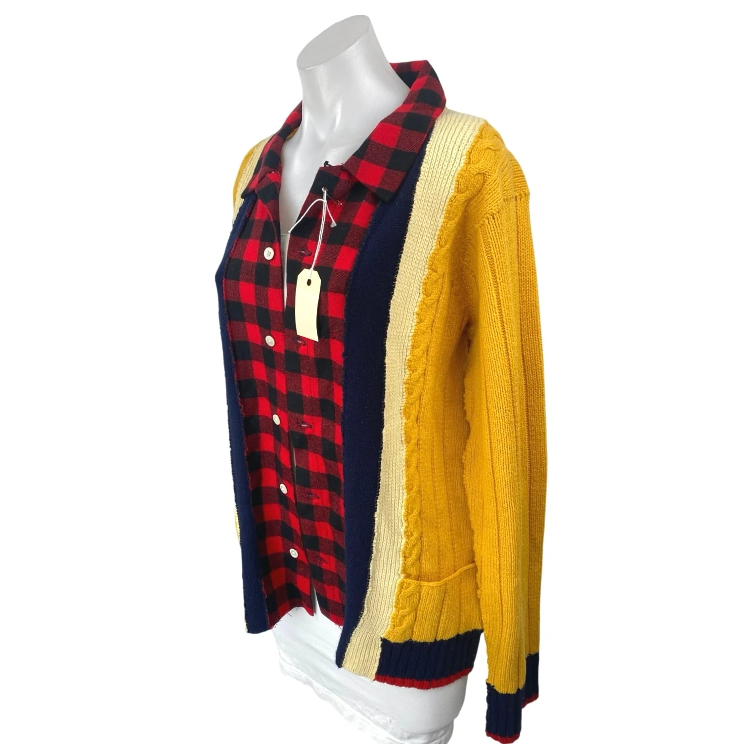 Upcycled Handmade Women's Yellow Red Plaid Flannel Shirt Cardigan Sweater Top OS - Image 4