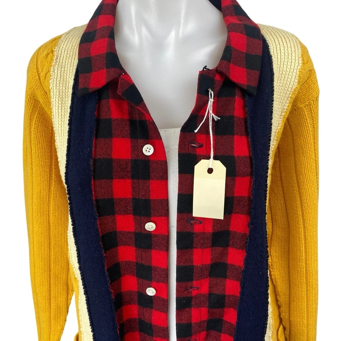 Upcycled Handmade Women's Yellow Red Plaid Flannel Shirt Cardigan Sweater Top OS - Image 5