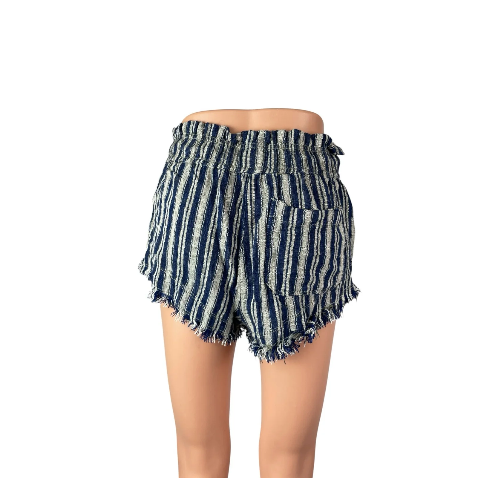 Urban Outfitters BDG Frankie Blue Striped Raw Frayed Hem Micro Paperbag Shorts M - Image 3