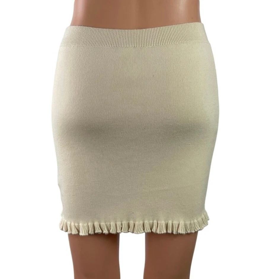 Urban Outfitters Beige Cream Knit Fitted Ruffle High Waist Pencil Mini Skirt M - Image 3