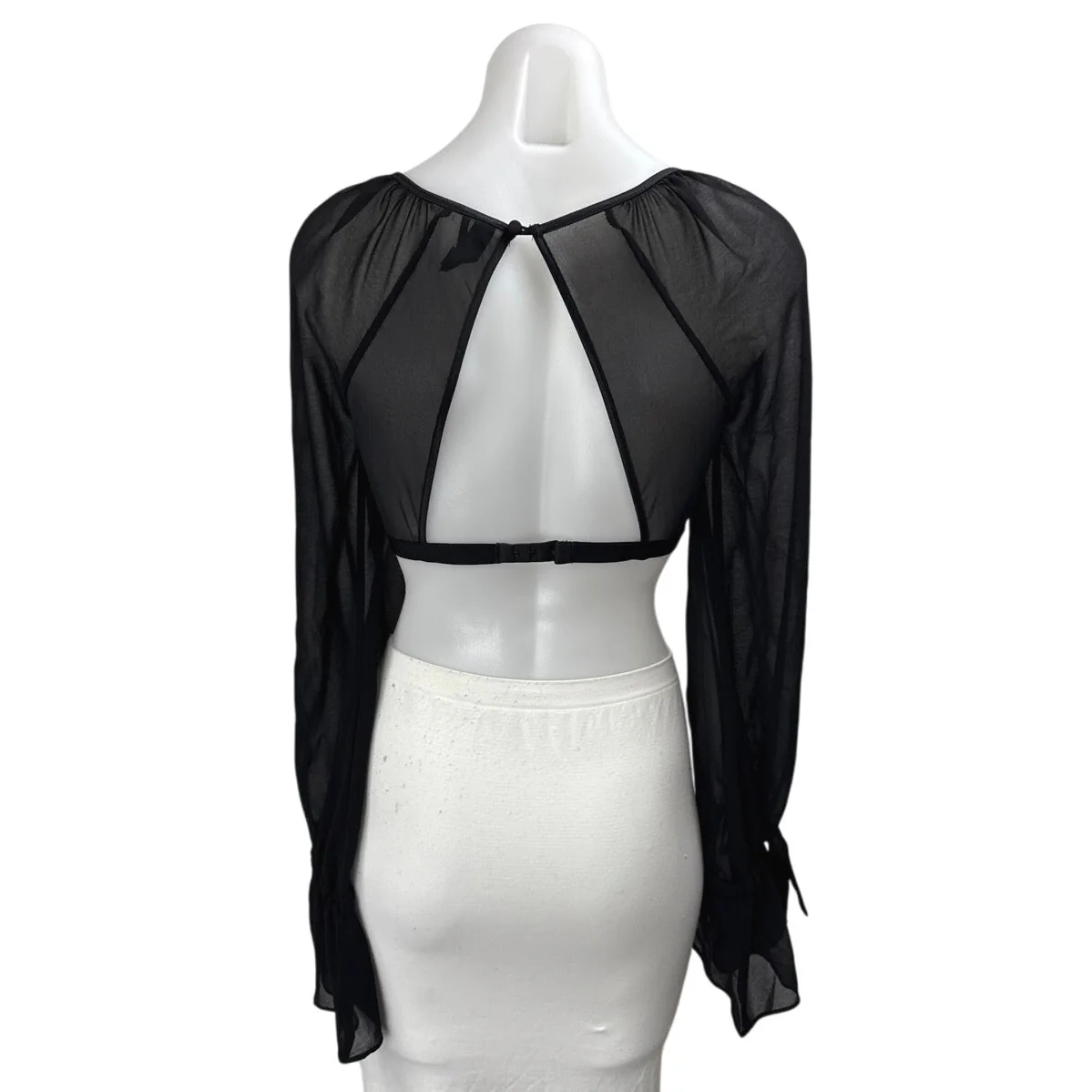 Urban Outfitters Black Embroidered Floral Long Sleeve Sheer Mesh Crop Top S - Image 2