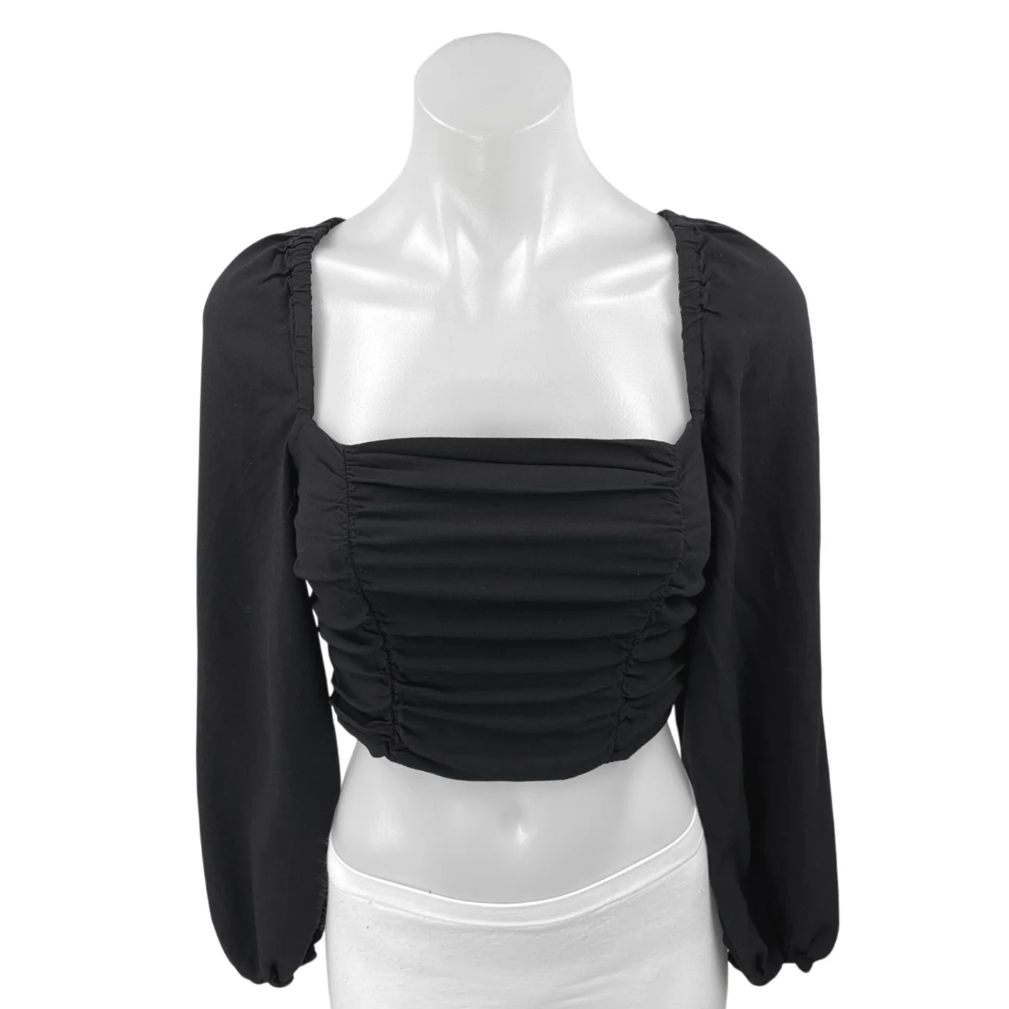 Urban Outfitters Black Long Sleeve Ruched Tie Square Neck Blouse Crop Top Size M