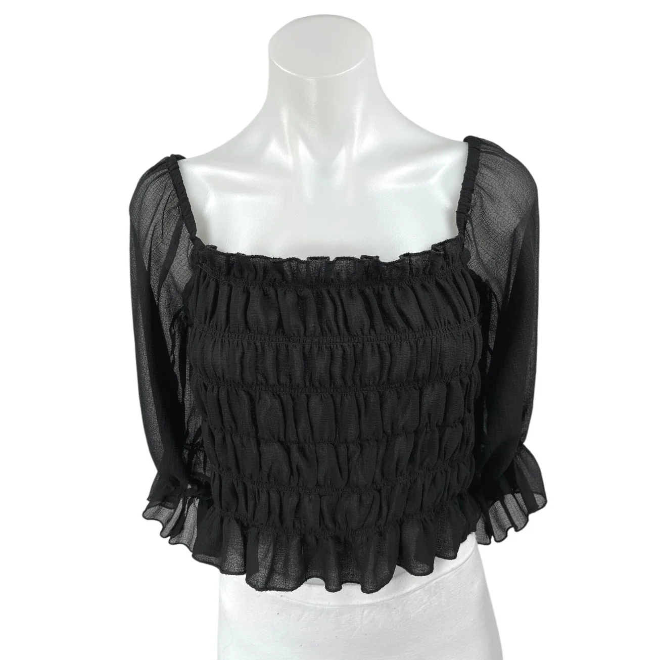 Urban Outfitters Black Puff Half Sleeve Mesh Smocked Ruffle Cropped Blouse Top L