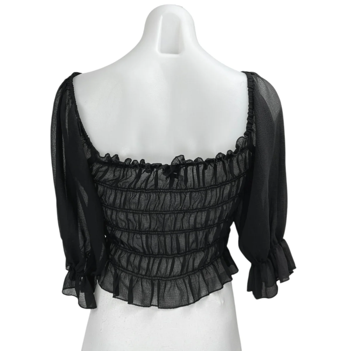 Urban Outfitters Black Puff Half Sleeve Mesh Smocked Ruffle Cropped Blouse Top L - Image 2