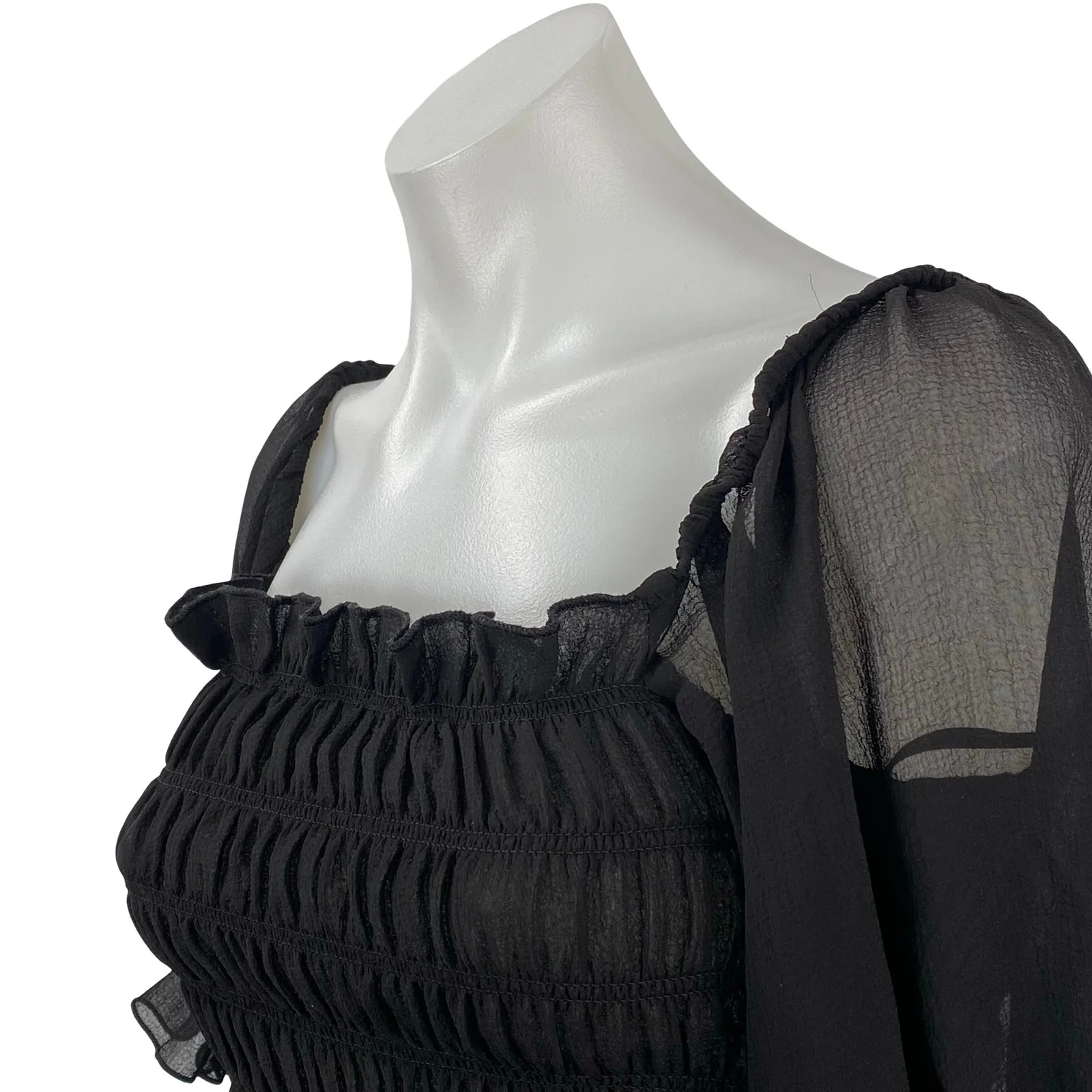 Urban Outfitters Black Smocked Mesh Sheer Half Sleeve Ruffle Blouse Crop Top M - Image 3