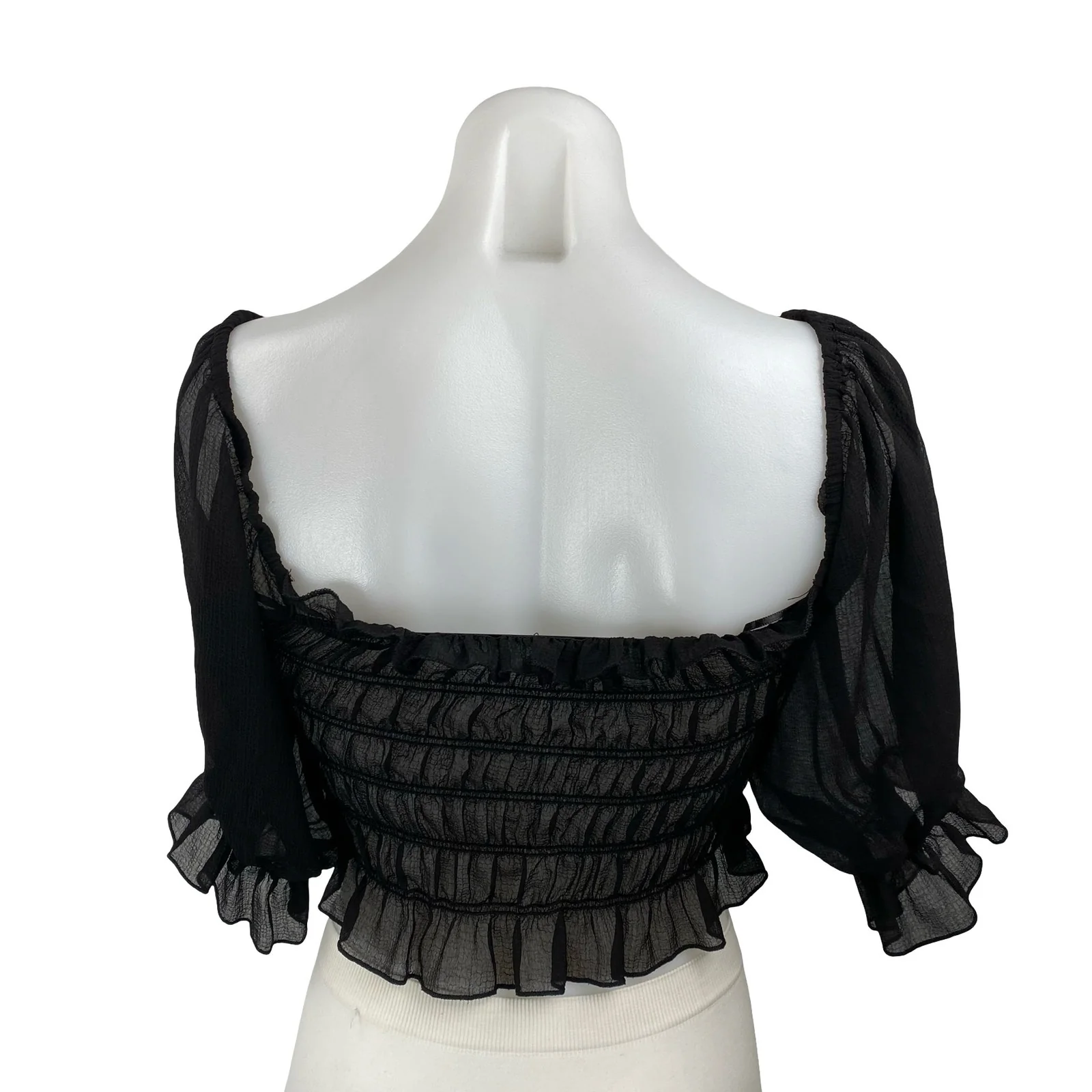Urban Outfitters Black Smocked Mesh Sheer Half Sleeve Ruffle Blouse Crop Top M - Image 4