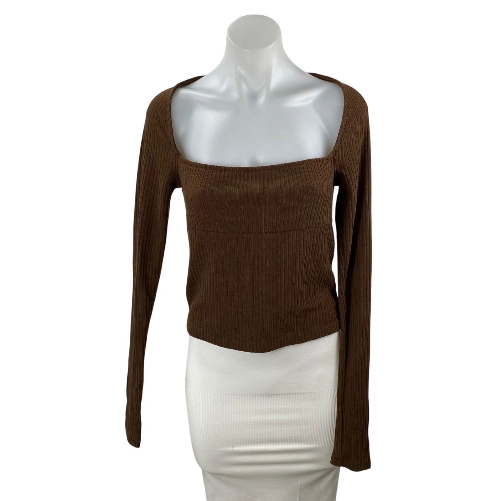 Urban Outfitters Brown Long Sleeve Square Neck Ribbed Knit Sweater Top Size L