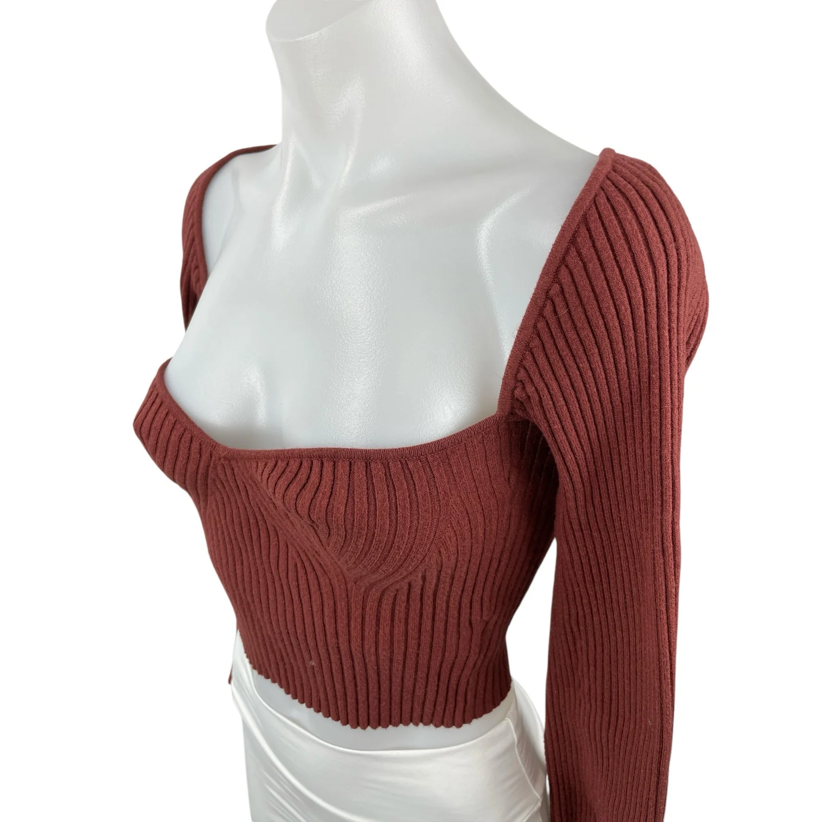 Urban Outfitters Brown Ribbed Knit Long Sleeve Bustier Corset Crop Top Size M - Image 3