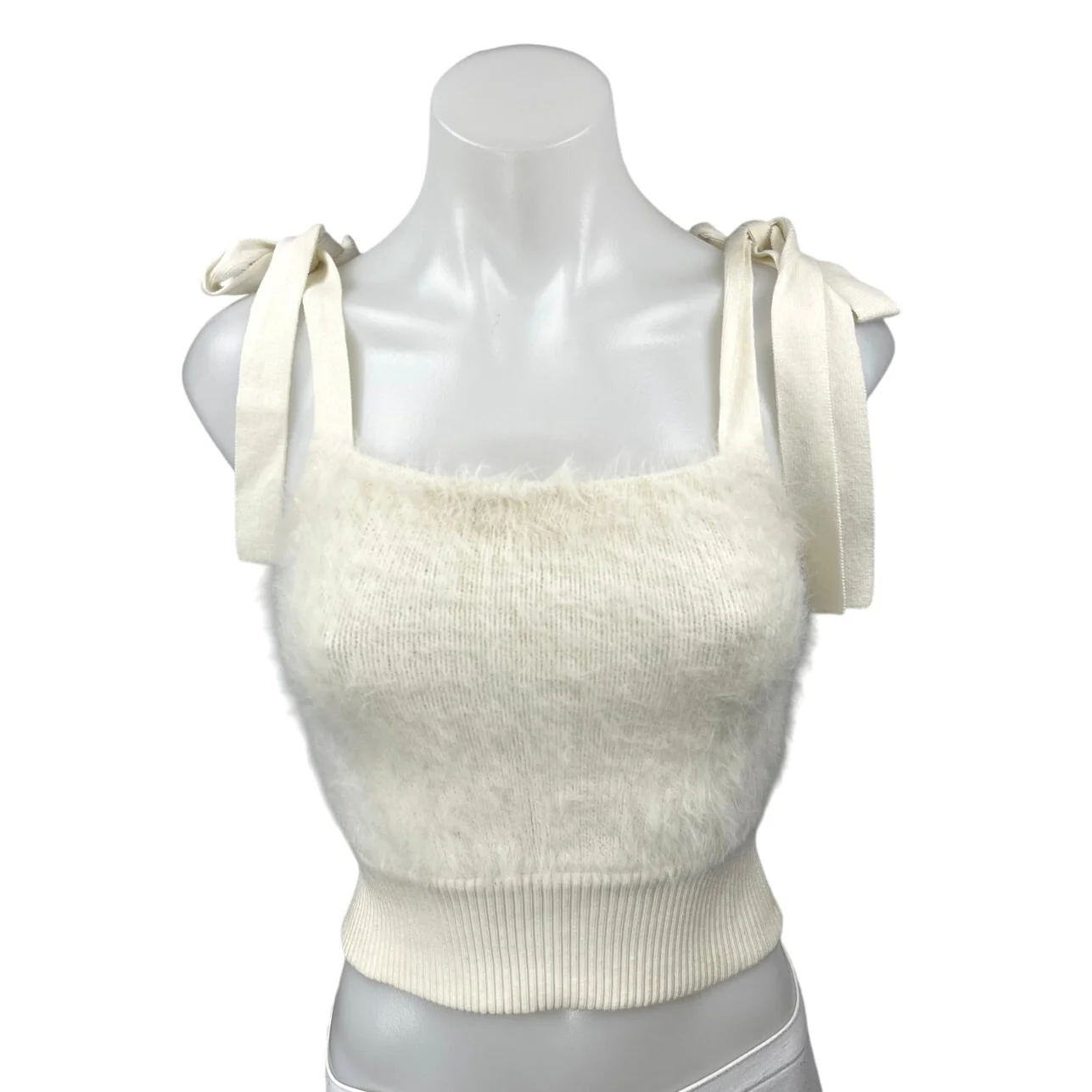 Urban Outfitters Cream Sleeveless Faux Fur Tie Strap Knit Crop Tank Top Size M