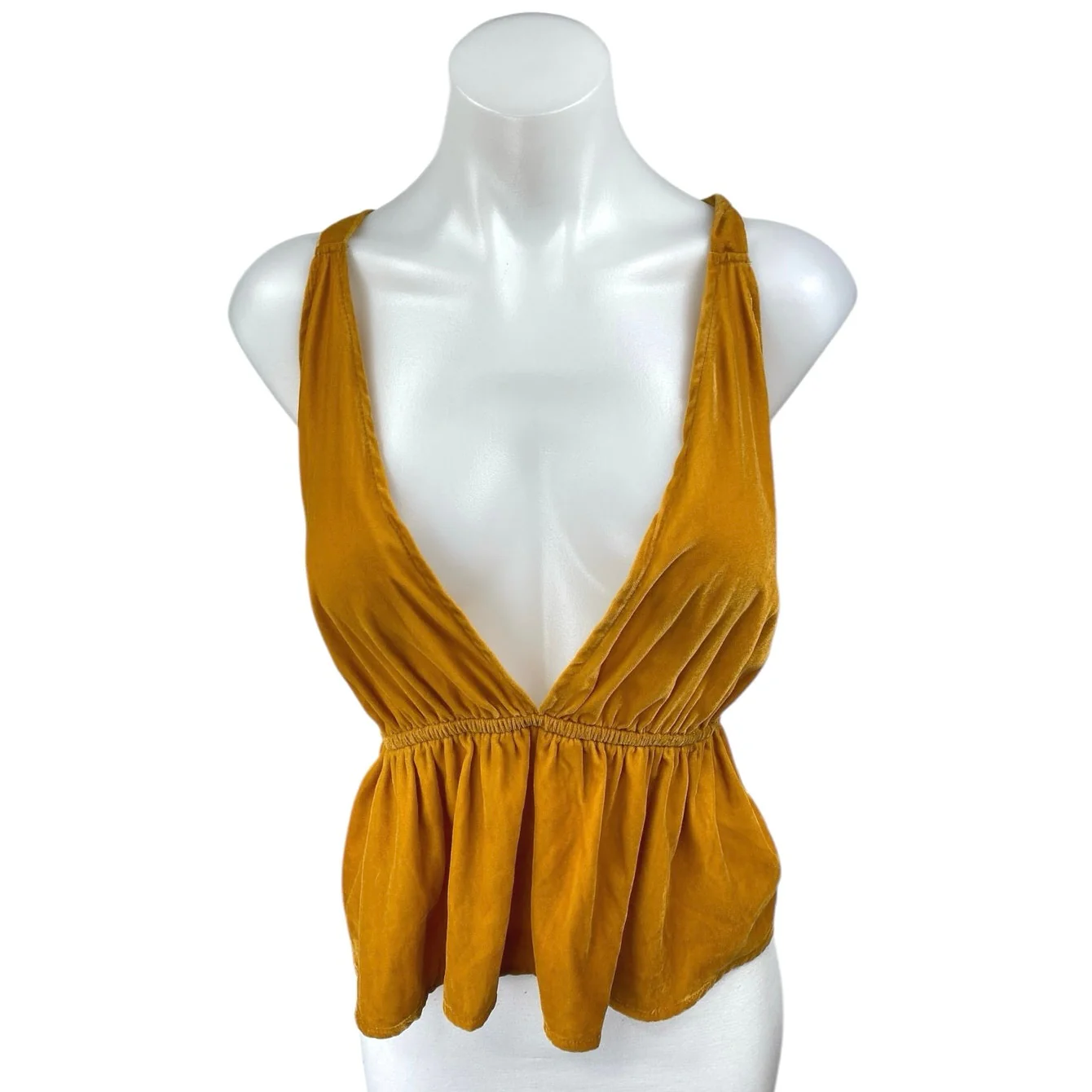 Urban Outfitters Gold Velvet Velour Plunging Sleeveless Peplum Blouse Top Size L