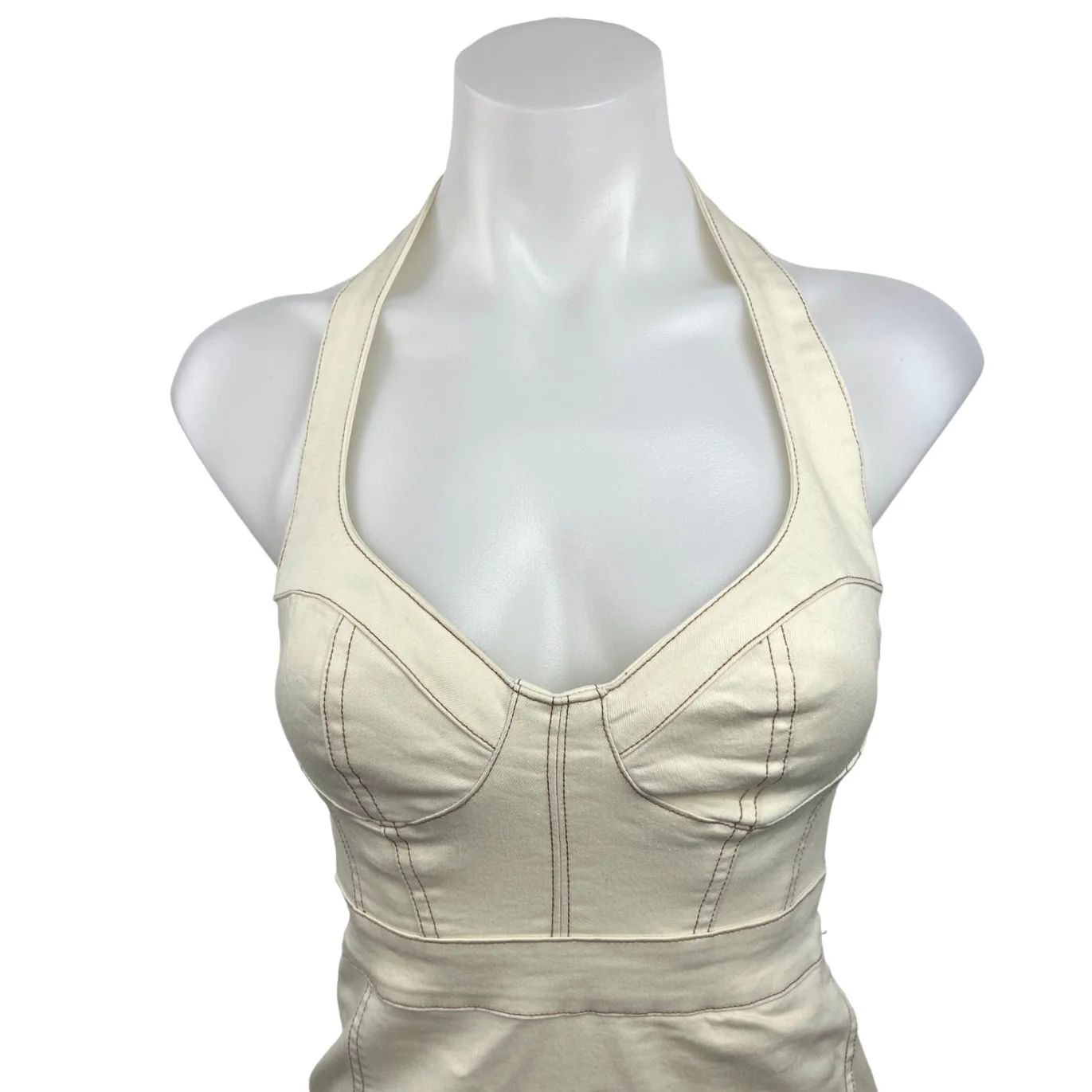 Urban Outfitters Jenny Denim Womens Cream Halter Neck Bustier Mini Dress Size XS - Image 3