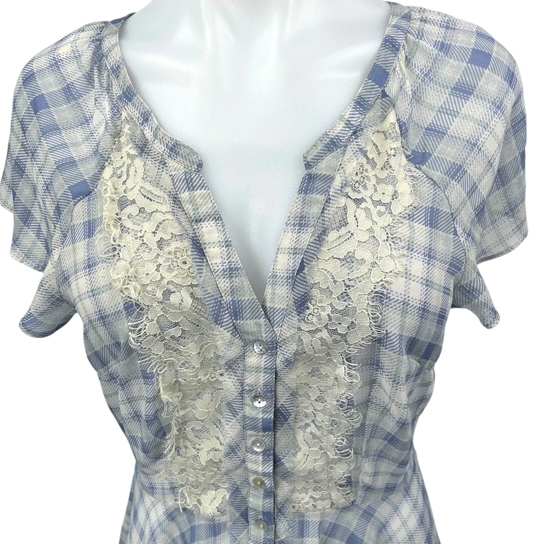Urban Outfitters Kimchi Blue Plaid Check Lace Short Sleeve Button Shirt Dress M - Image 3