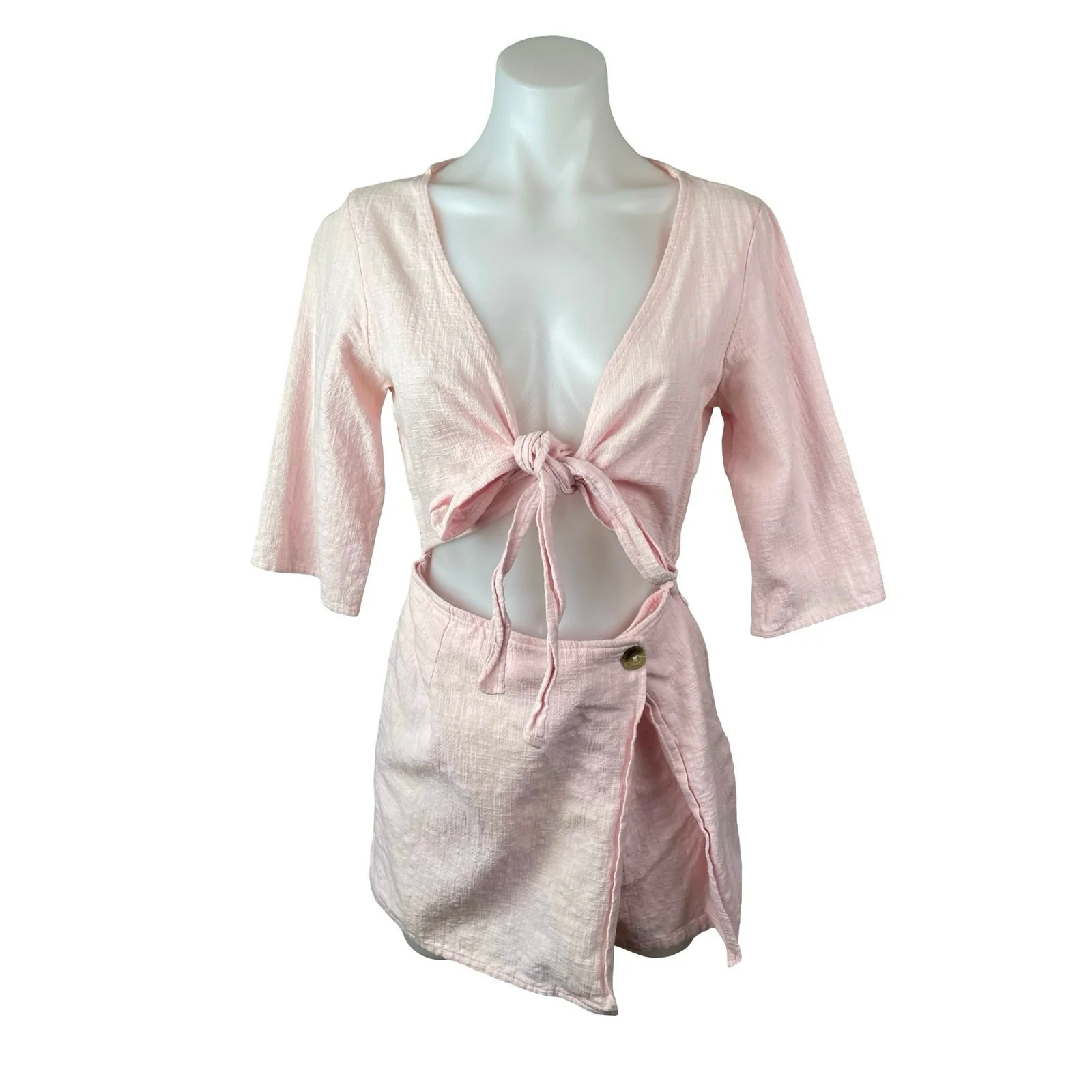 Urban Outfitters Linen Molly Surplice Front Slit Wrap Skort Jumpsuit Romper Sz 2