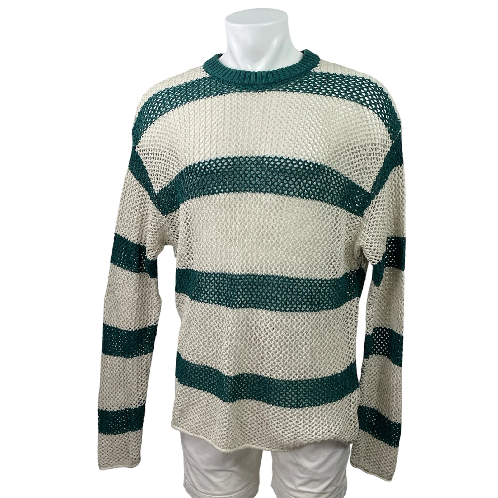 Urban Outfitters Mateo White Green Striped Crew Neck Crochet Knit Sweater Top L