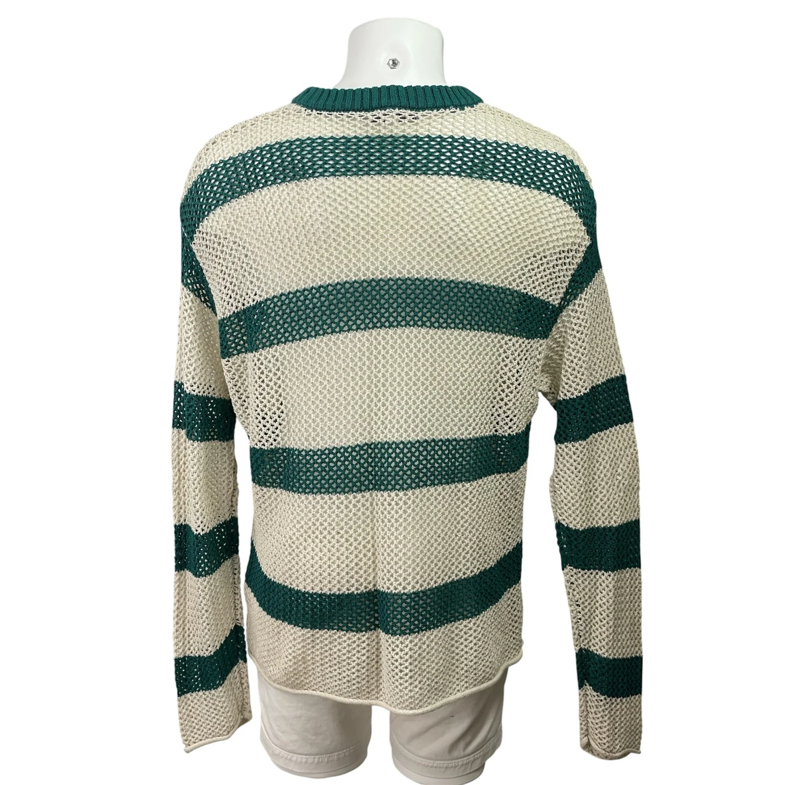 Urban Outfitters Mateo White Green Striped Crew Neck Crochet Knit Sweater Top L - Image 3