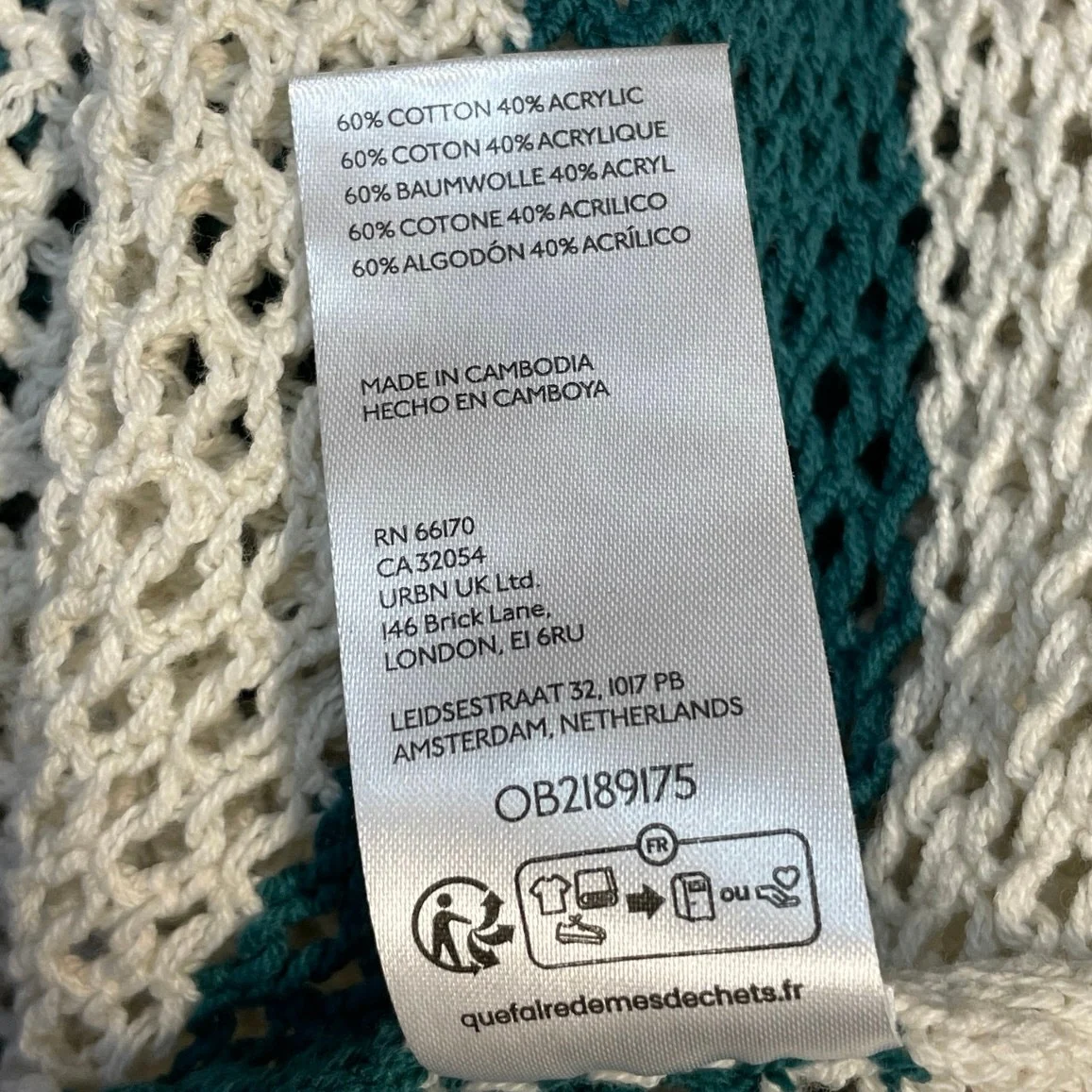 Urban Outfitters Mateo White Green Striped Crew Neck Crochet Knit Sweater Top L - Image 5