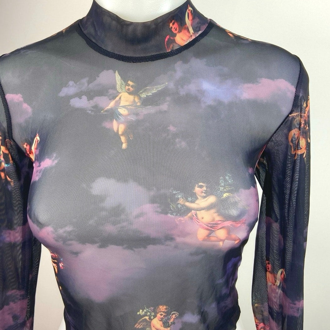 Urban Outfitters Motel Black Multicolor Angel Cloud Mesh Sheer Long Sleeve Top M - Image 3