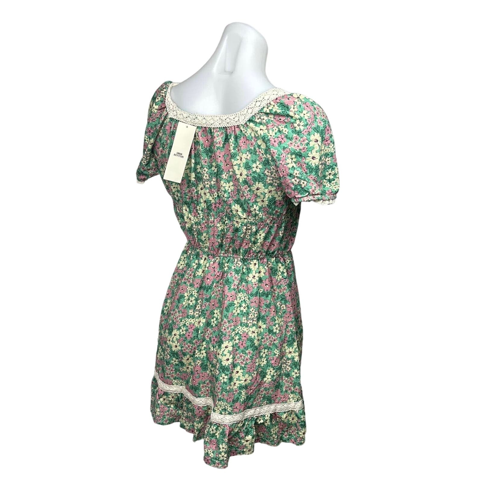 Urban Outfitters NWT Green Lace Trim Floral Scoop Puff Sleeve Mini Dress Size XS - Image 3