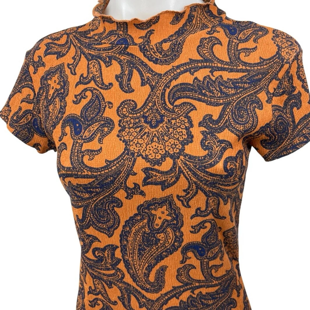Urban Outfitters Orange Blue Floral Paisley Short Sleeve Mini Bodycon Dress Sz M - Image 3